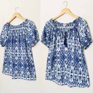 Joie 100% Silk Masha Ikat Tassel Tie Short Sleeve Blouse Top M Blue Coastal $198